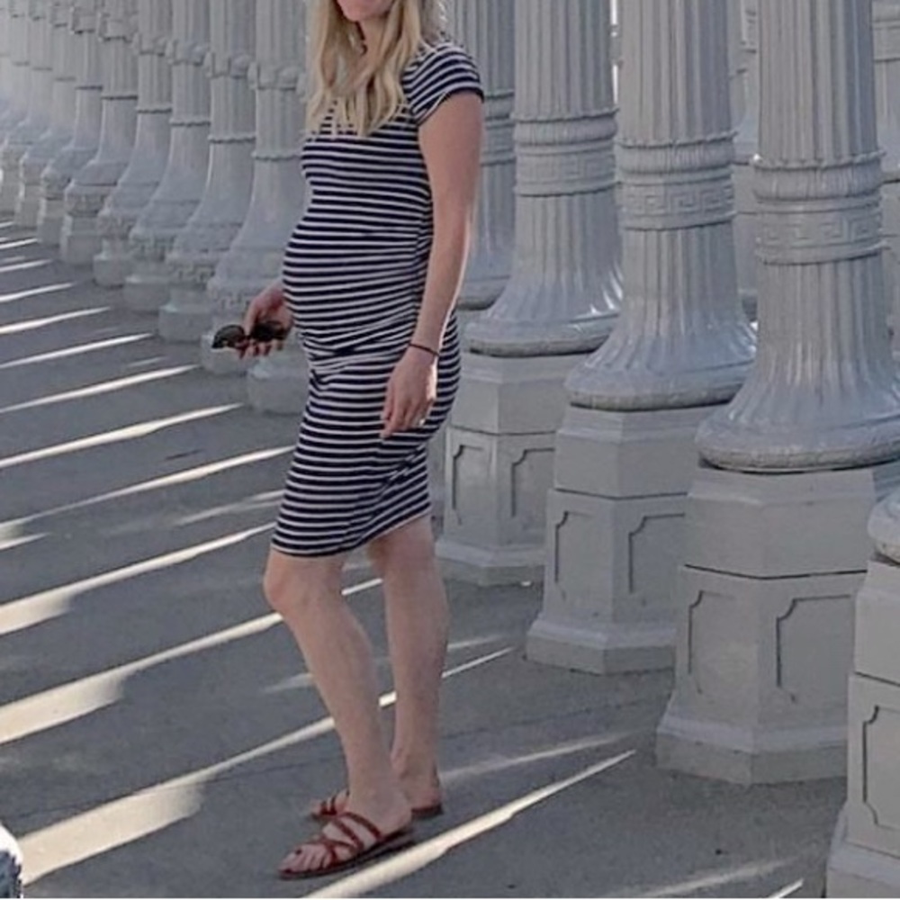 Striped maternity t-shirt dress with ruched sides